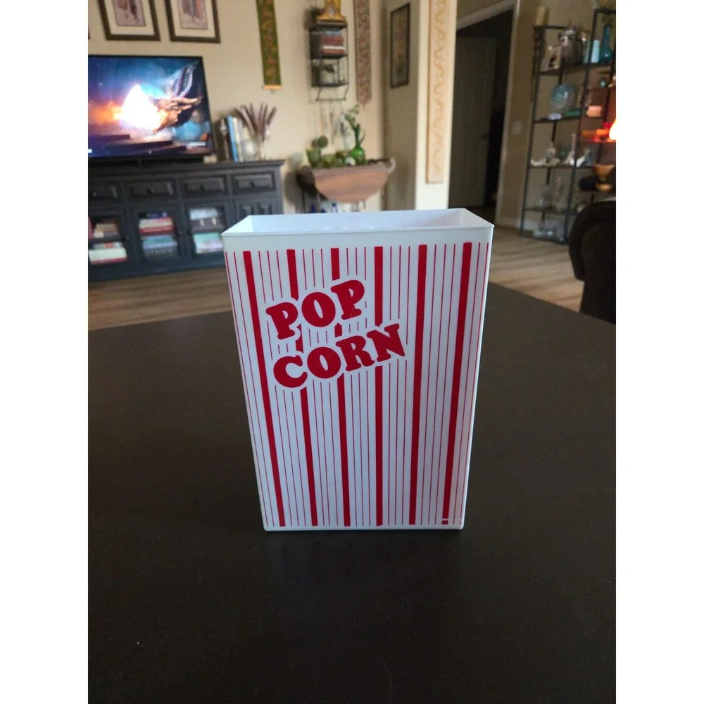 90s Red and White Striped Plastic Reusable Popcorn Bucket And 4 Snack Boxes